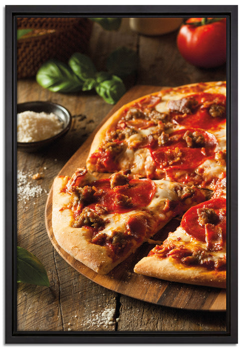 Pizza Käse Salamipizza auf Leinwandbild gerahmt Größe 60x40