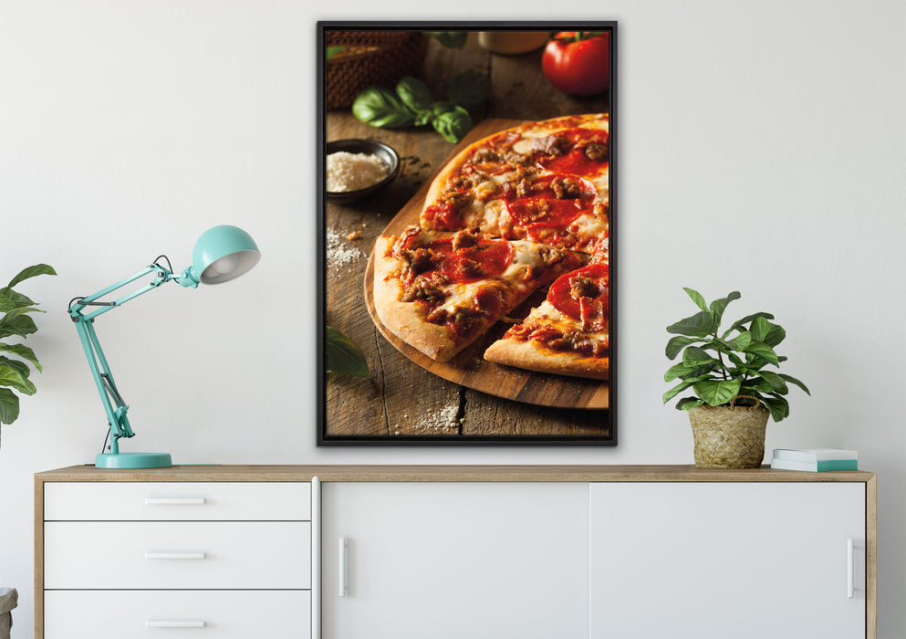 Pizza Käse Salamipizza auf Leinwandbild gerahmt verschiedene Größen im Wohnzimmer