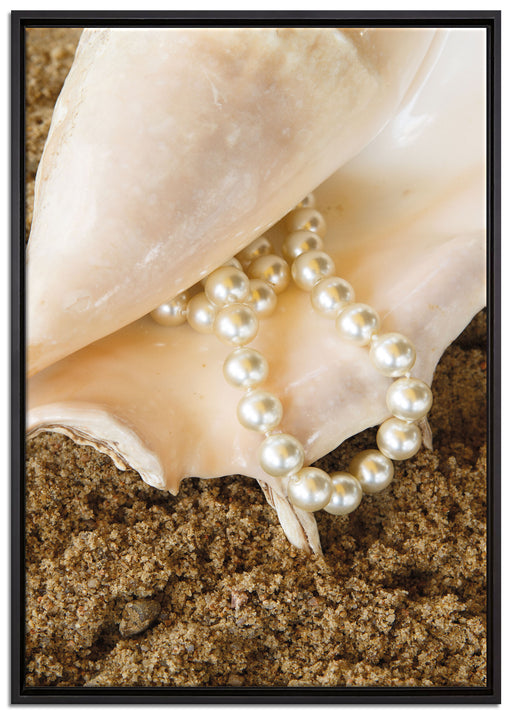 Muschel mit Perle Sand Strand auf Leinwandbild gerahmt Größe 100x70