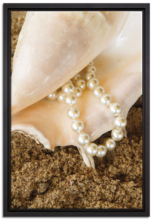 Muschel mit Perle Sand Strand auf Leinwandbild gerahmt Größe 60x40