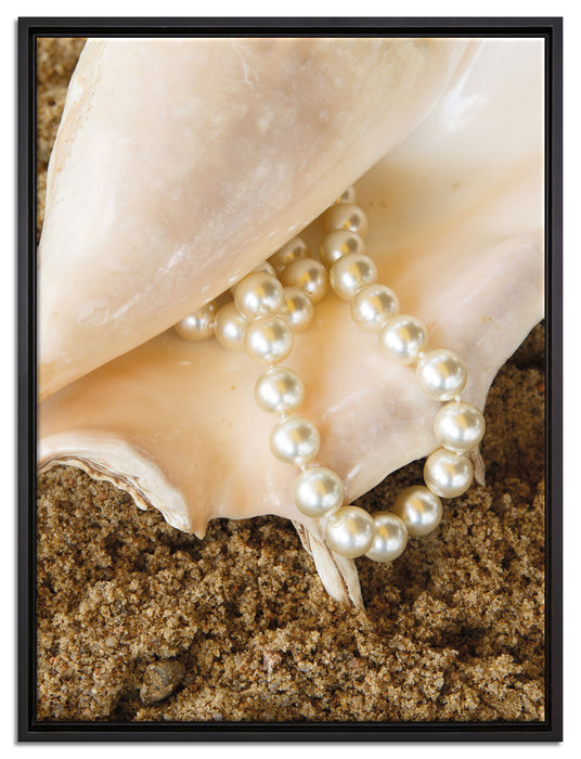 Muschel mit Perle Sand Strand auf Leinwandbild gerahmt Größe 80x60