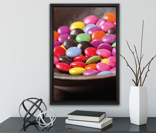 Schokolade Smarties Süßigkeiten auf Leinwandbild gerahmt mit Kirschblüten
