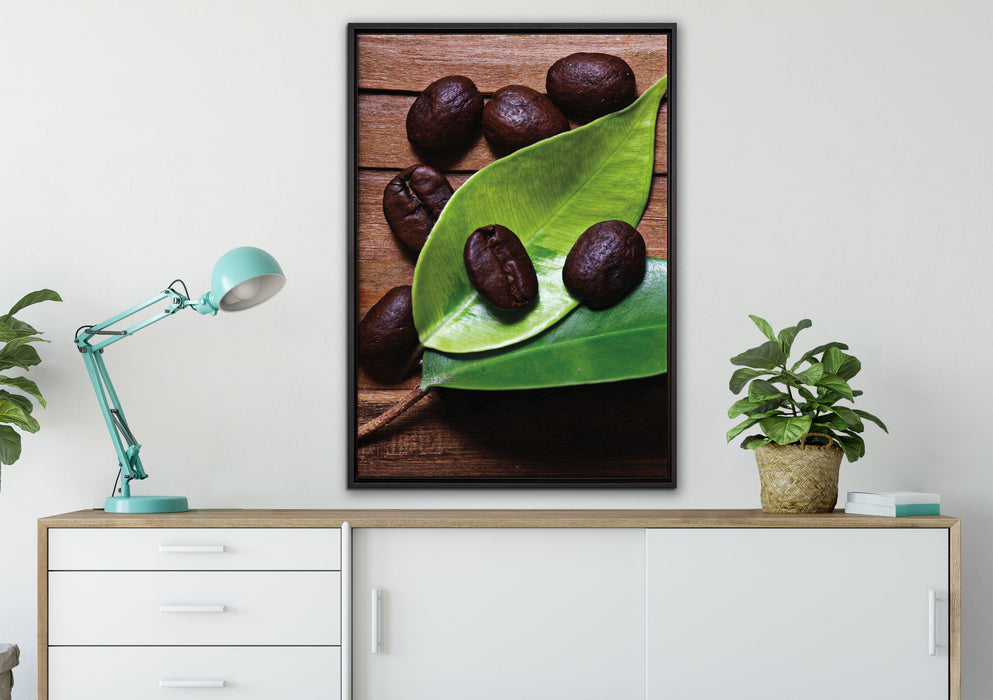 Kaffeebohnen Kaffee Mahlen auf Leinwandbild gerahmt verschiedene Größen im Wohnzimmer