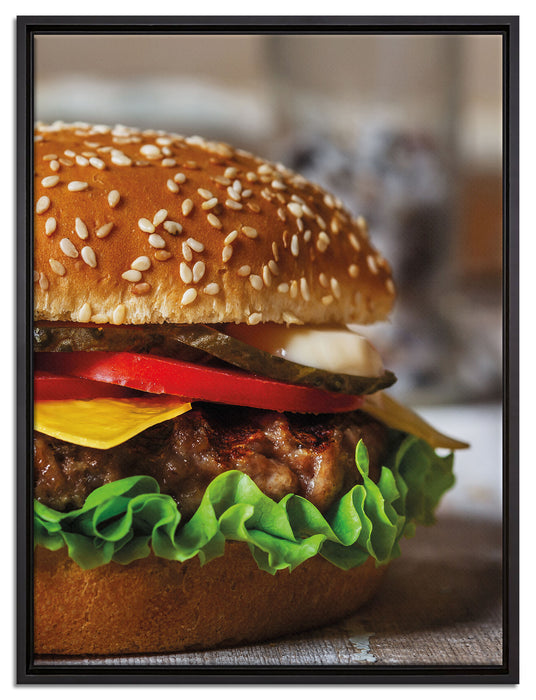 Hamburger Fast Food auf Leinwandbild gerahmt Größe 80x60