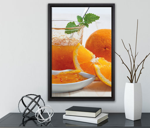 Orangen Marmelade Orangensaft auf Leinwandbild gerahmt mit Kirschblüten