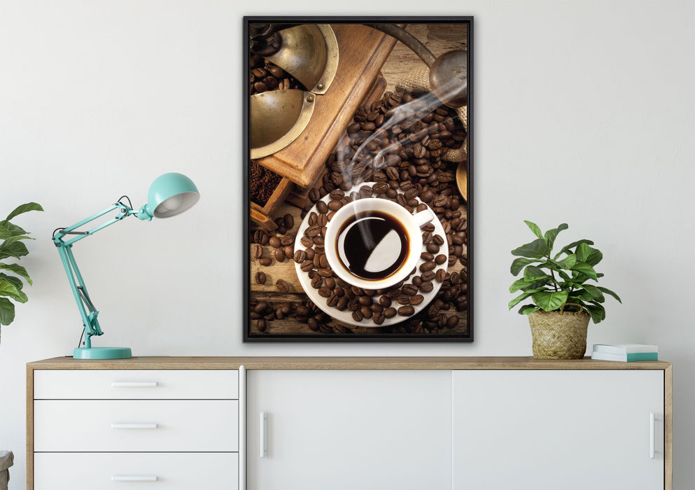 Kaffee Cappucino auf Leinwandbild gerahmt verschiedene Größen im Wohnzimmer