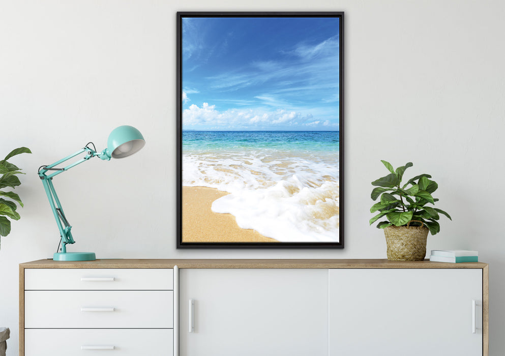 Sand Strand Wellen Sonne auf Leinwandbild gerahmt verschiedene Größen im Wohnzimmer