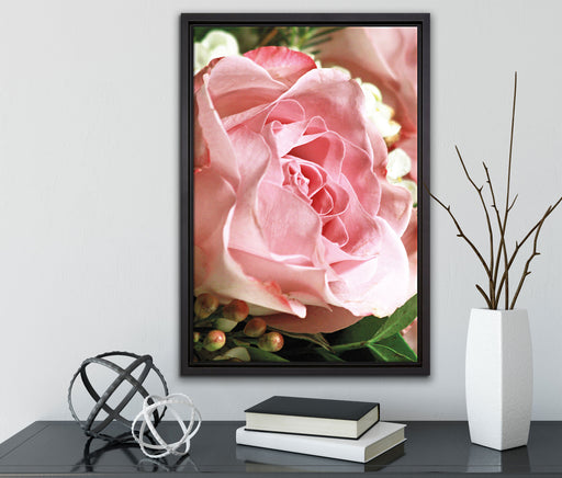 Rosa Rose auf Leinwandbild gerahmt mit Kirschblüten