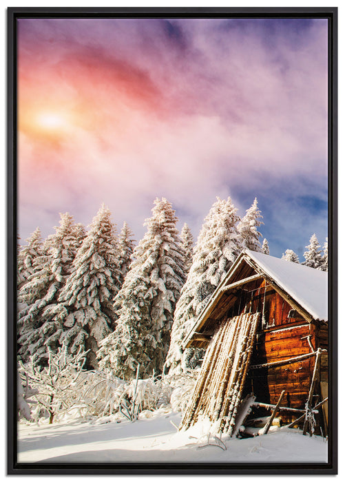 Holzhütte im Schnee auf Leinwandbild gerahmt Größe 100x70