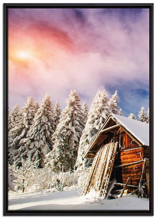 Holzhütte im Schnee auf Leinwandbild gerahmt Größe 100x70