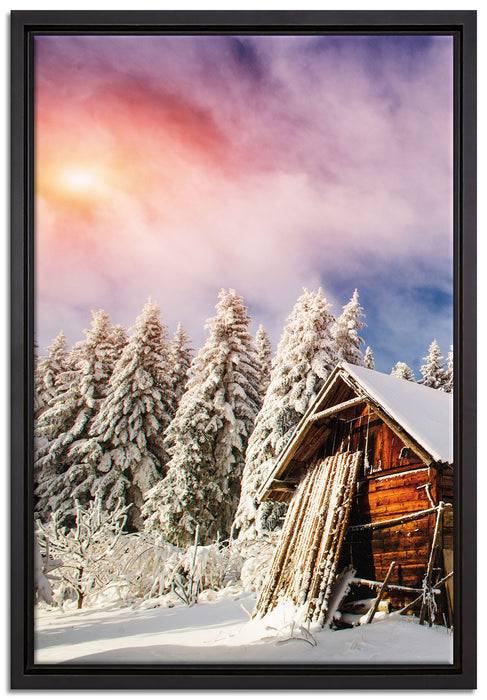 Holzhütte im Schnee auf Leinwandbild gerahmt Größe 60x40