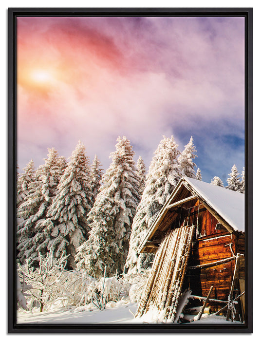Holzhütte im Schnee auf Leinwandbild gerahmt Größe 80x60
