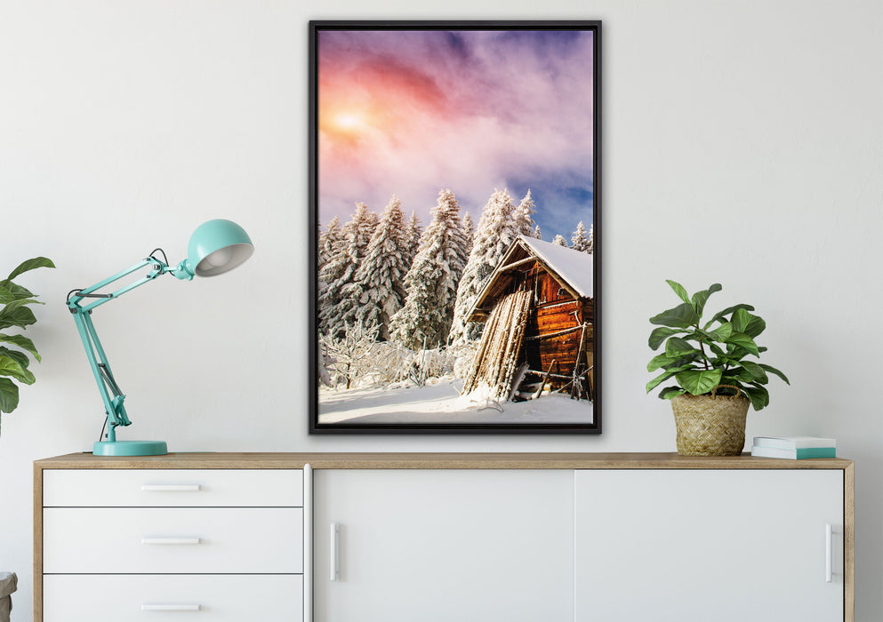 Holzhütte im Schnee auf Leinwandbild gerahmt verschiedene Größen im Wohnzimmer