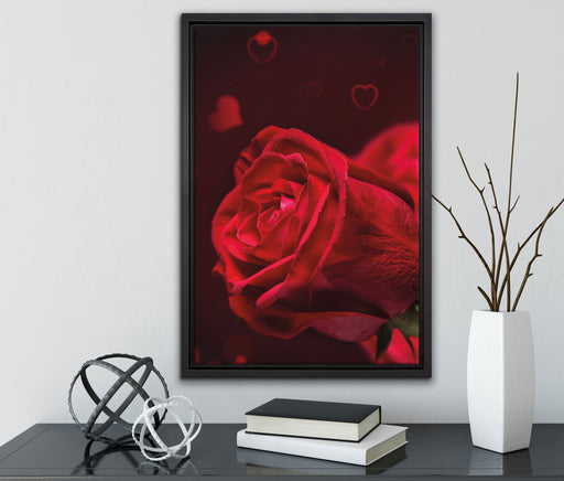Rote Rosen Valentinstag auf Leinwandbild gerahmt mit Kirschblüten