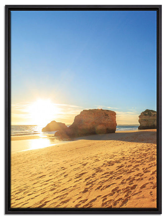 Sonnenuntergang an Felsen auf Leinwandbild gerahmt Größe 80x60