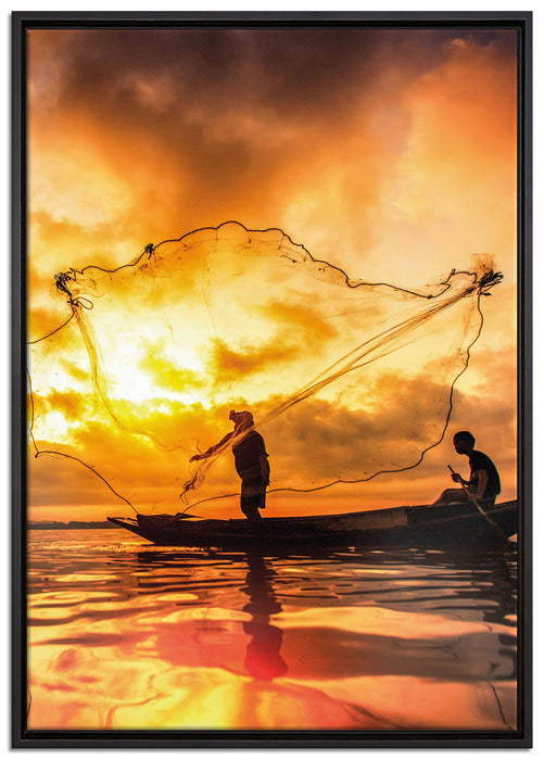 See mit Anglern auf Leinwandbild gerahmt Größe 100x70