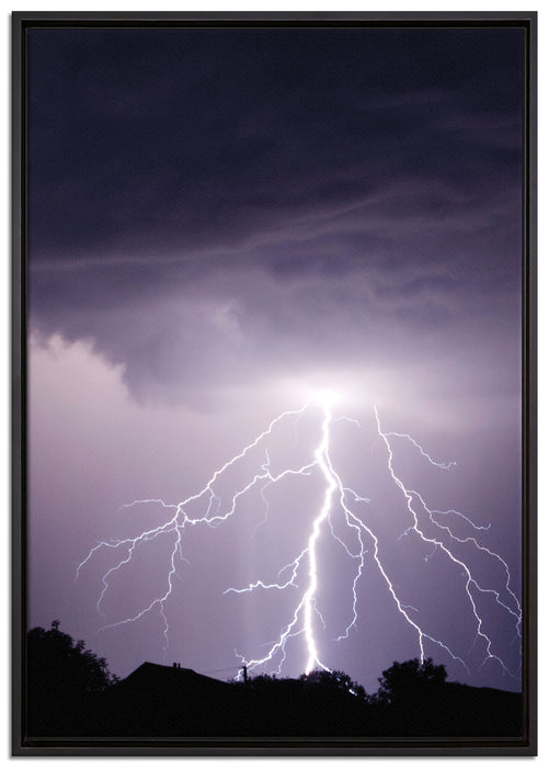 Einschlagender Blitz schwarz weiß auf Leinwandbild gerahmt Größe 100x70