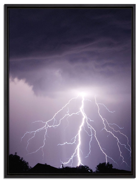 Einschlagender Blitz schwarz weiß auf Leinwandbild gerahmt Größe 80x60