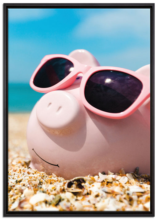 Schweinchen am Strand auf Leinwandbild gerahmt Größe 100x70