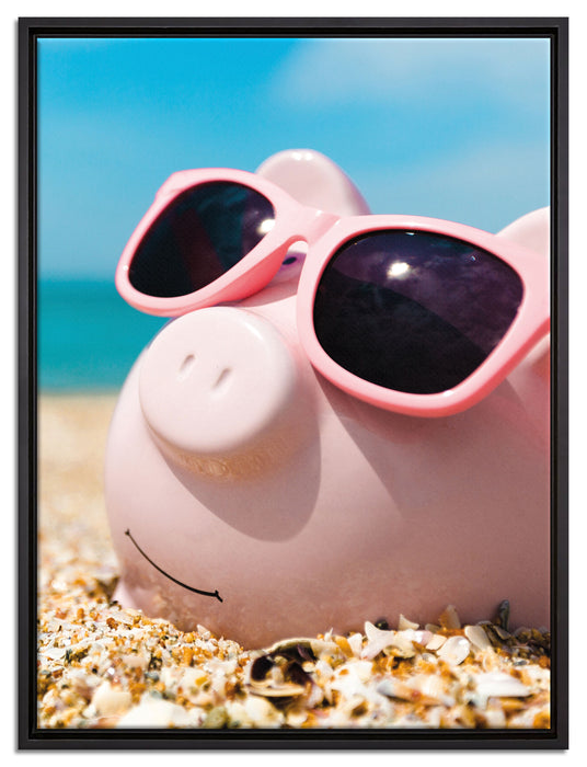 Schweinchen am Strand auf Leinwandbild gerahmt Größe 80x60
