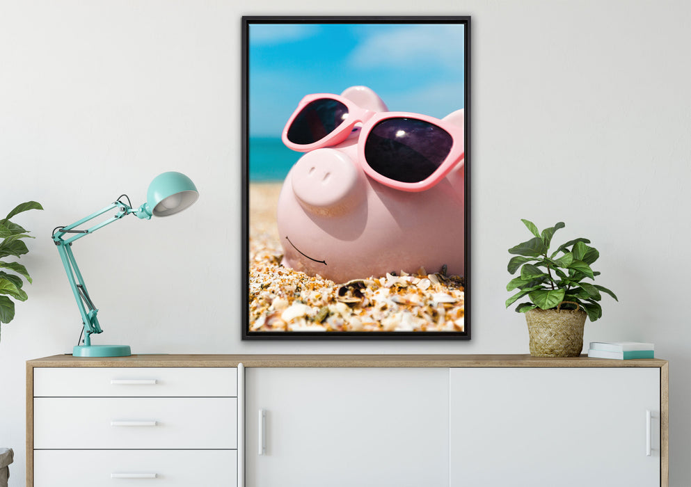 Schweinchen am Strand auf Leinwandbild gerahmt verschiedene Größen im Wohnzimmer