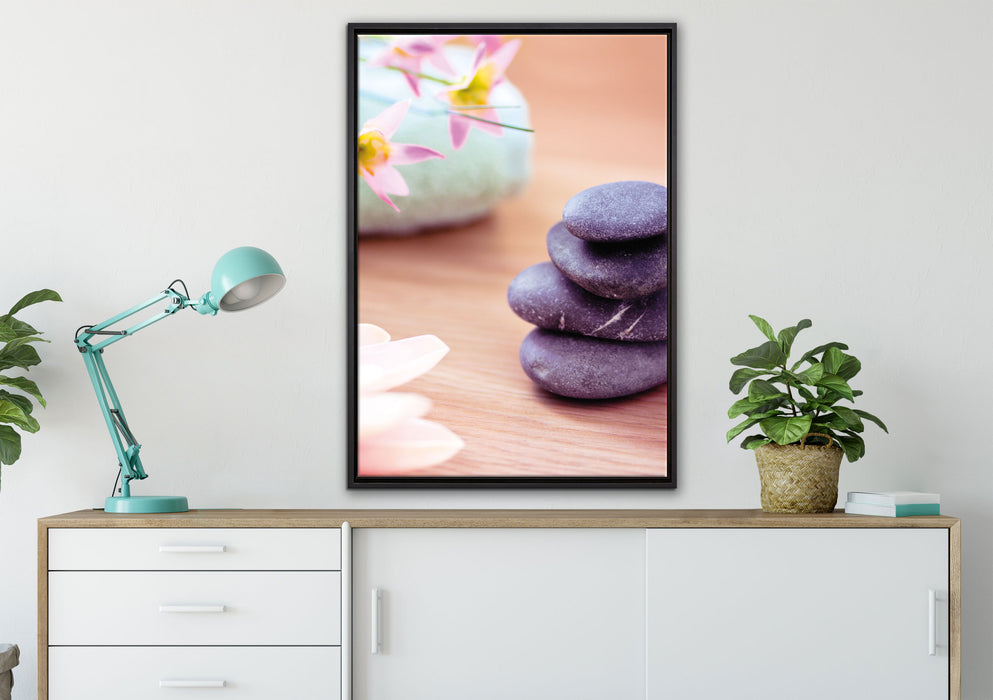 Lotusblüte auf Zen Stein auf Leinwandbild gerahmt verschiedene Größen im Wohnzimmer