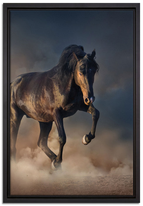 Schwarzes Pferd auf Leinwandbild gerahmt Größe 60x40