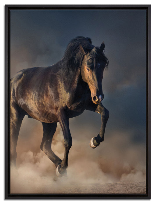 Schwarzes Pferd auf Leinwandbild gerahmt Größe 80x60