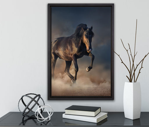 Schwarzes Pferd auf Leinwandbild gerahmt mit Kirschblüten