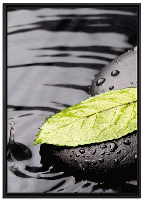 Stein mit Blatt auf Leinwandbild gerahmt Größe 100x70