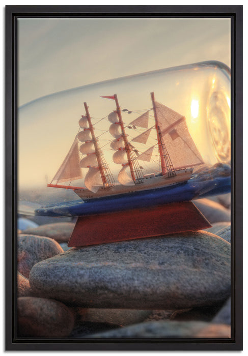 Flasche mit Schiff auf Leinwandbild gerahmt Größe 60x40