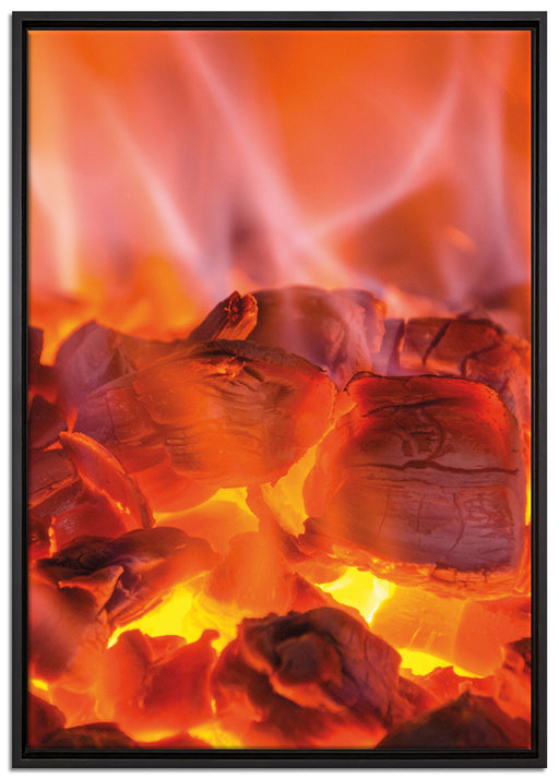 Holzkohle Feuer auf Leinwandbild gerahmt Größe 100x70