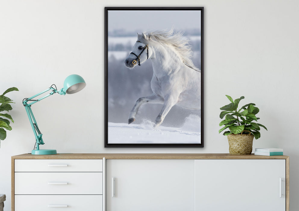 Weißes Pferd auf Schneewiese auf Leinwandbild gerahmt verschiedene Größen im Wohnzimmer