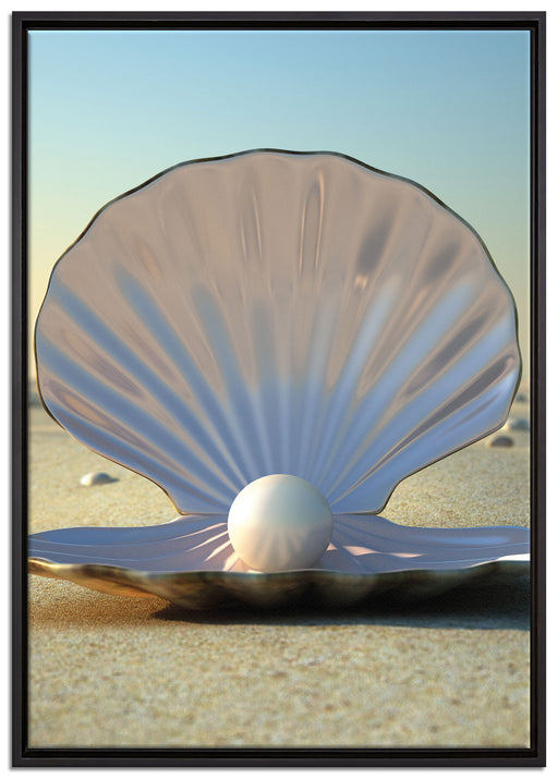 Perlenmuschel am Strand auf Leinwandbild gerahmt Größe 100x70