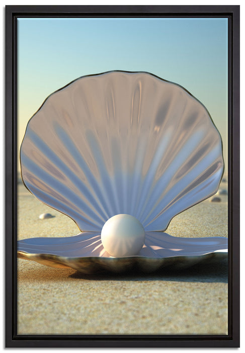 Perlenmuschel am Strand auf Leinwandbild gerahmt Größe 60x40
