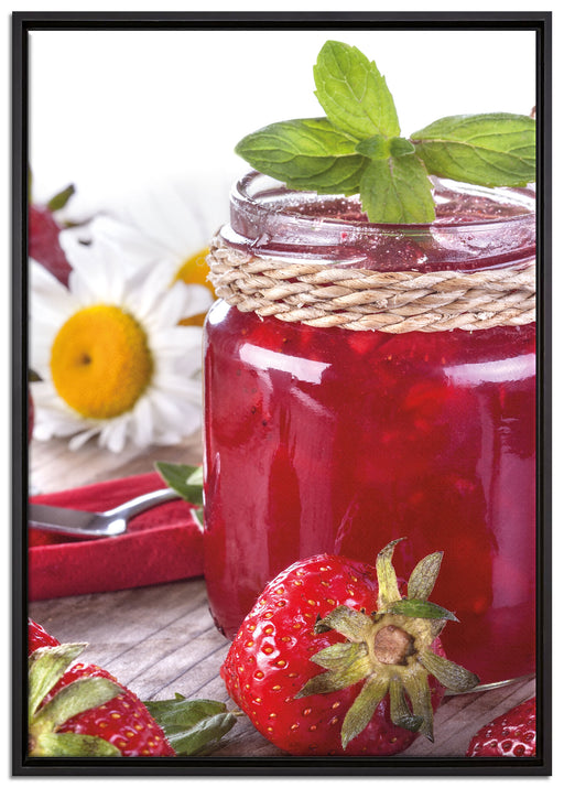 Glas mit Erdbeeren auf Leinwandbild gerahmt Größe 100x70