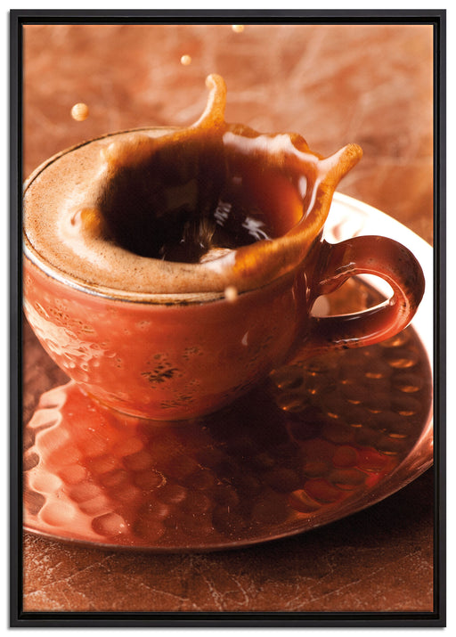 Kaffee spritzt aus Tasse auf Leinwandbild gerahmt Größe 100x70