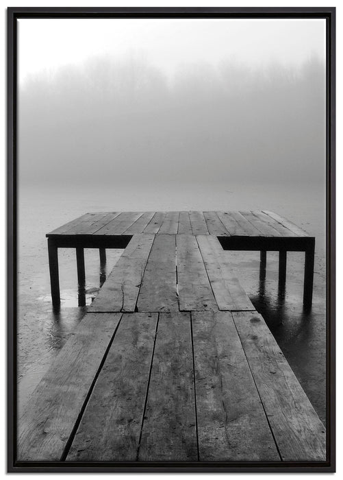 Steg am See Nebel auf Leinwandbild gerahmt Größe 100x70