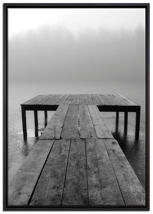 Steg am See Nebel auf Leinwandbild gerahmt Größe 100x70