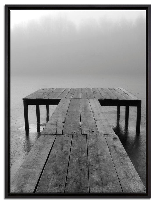 Steg am See Nebel auf Leinwandbild gerahmt Größe 80x60