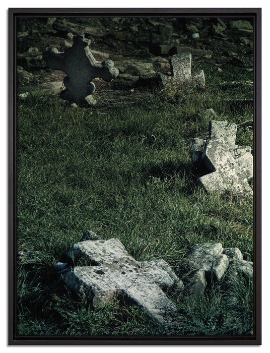 Friedhof schwarz weiß auf Leinwandbild gerahmt Größe 80x60