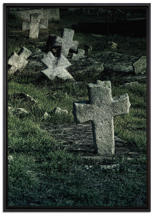 Friedhof schwarz weiß auf Leinwandbild gerahmt Größe 100x70