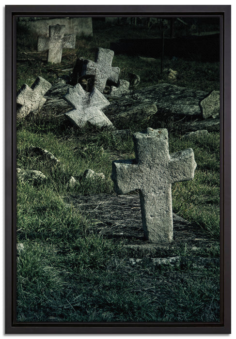 Friedhof schwarz weiß auf Leinwandbild gerahmt Größe 60x40