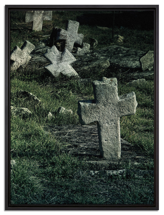 Friedhof schwarz weiß auf Leinwandbild gerahmt Größe 80x60