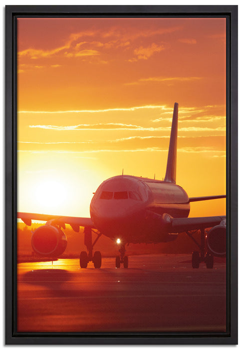 Flugzeug im Sonnenuntergang auf Leinwandbild gerahmt Größe 60x40