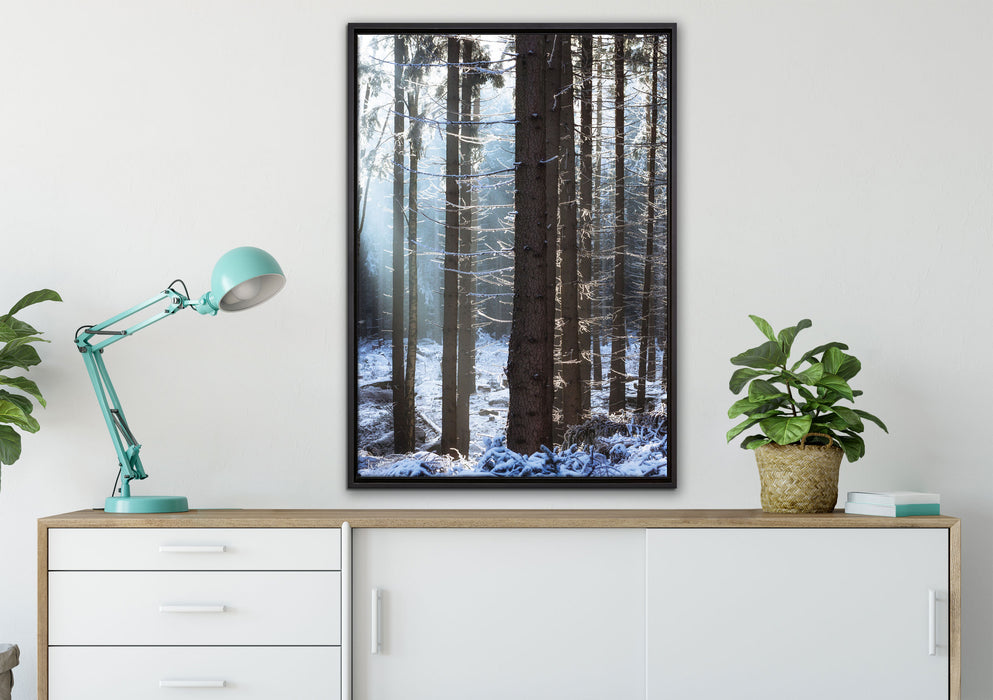 Winterwald auf Leinwandbild gerahmt verschiedene Größen im Wohnzimmer