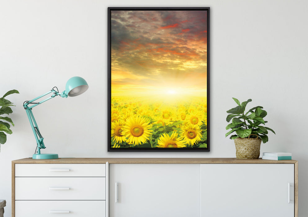 Sonnenblumenfeld auf Leinwandbild gerahmt verschiedene Größen im Wohnzimmer