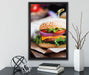 Burger und Pommes auf Leinwandbild gerahmt mit Kirschblüten