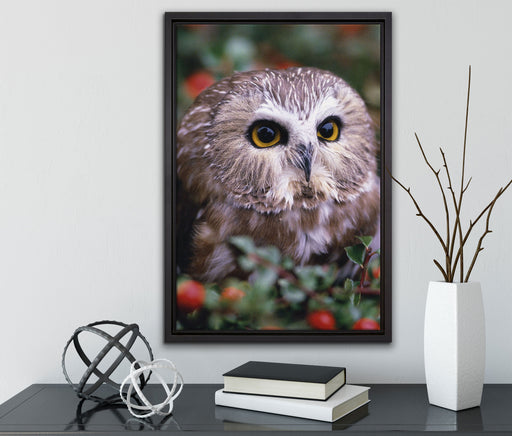 Eule im Vogelbeerenstrauch auf Leinwandbild gerahmt mit Kirschblüten