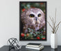 Eule im Vogelbeerenstrauch auf Leinwandbild gerahmt mit Kirschblüten